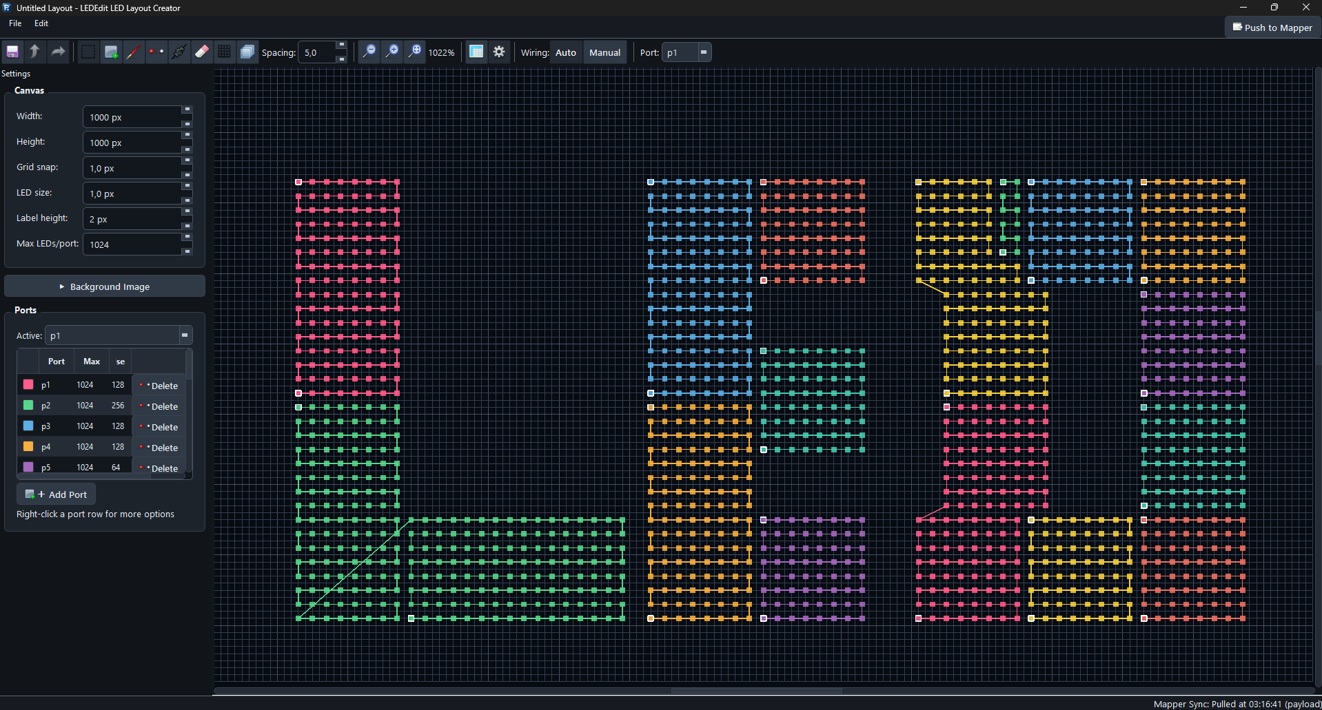 LED layout creator port mapping screenshot with colored LED ports on a grid