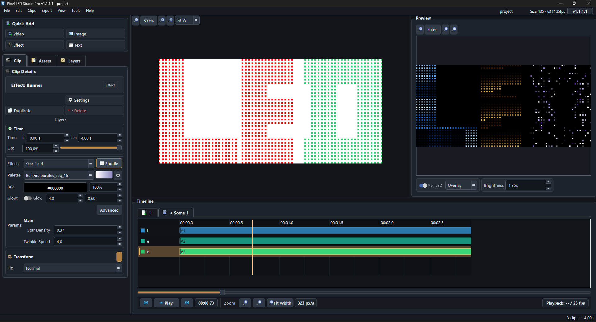Timeline editing with live LED preview